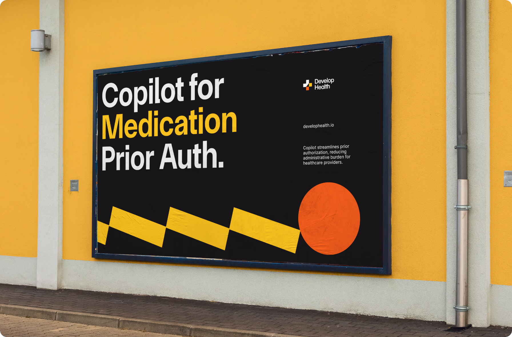 Healthcare AI campaign billboard with Swiss-style branding