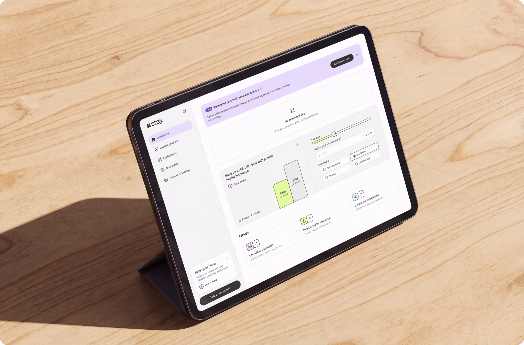 Stay client portal dashboard on a tablet with insurance comparison and personal recommendations
