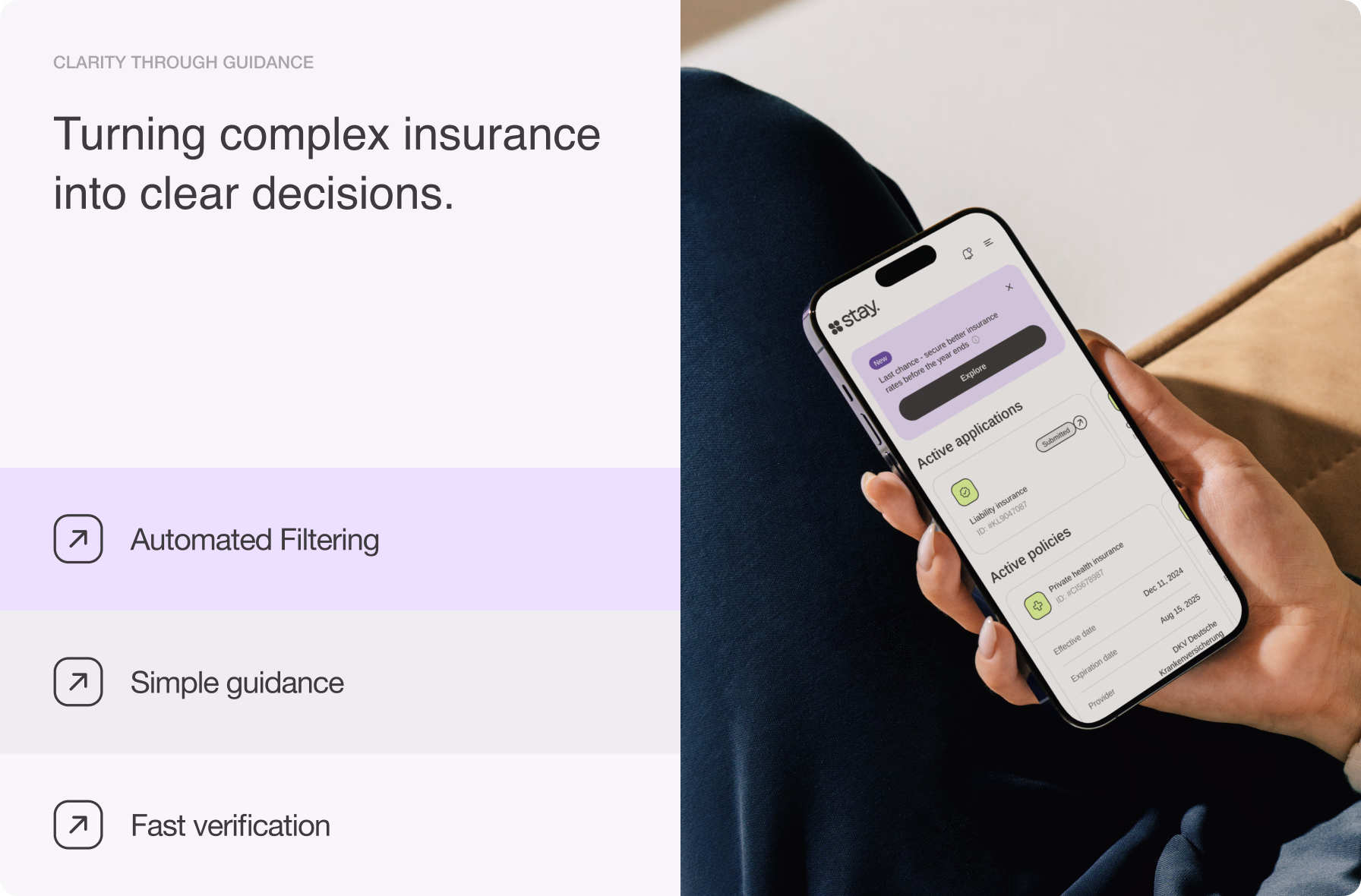 Stay B2B insurance dashboard showing clients, applications, commissions, and deals