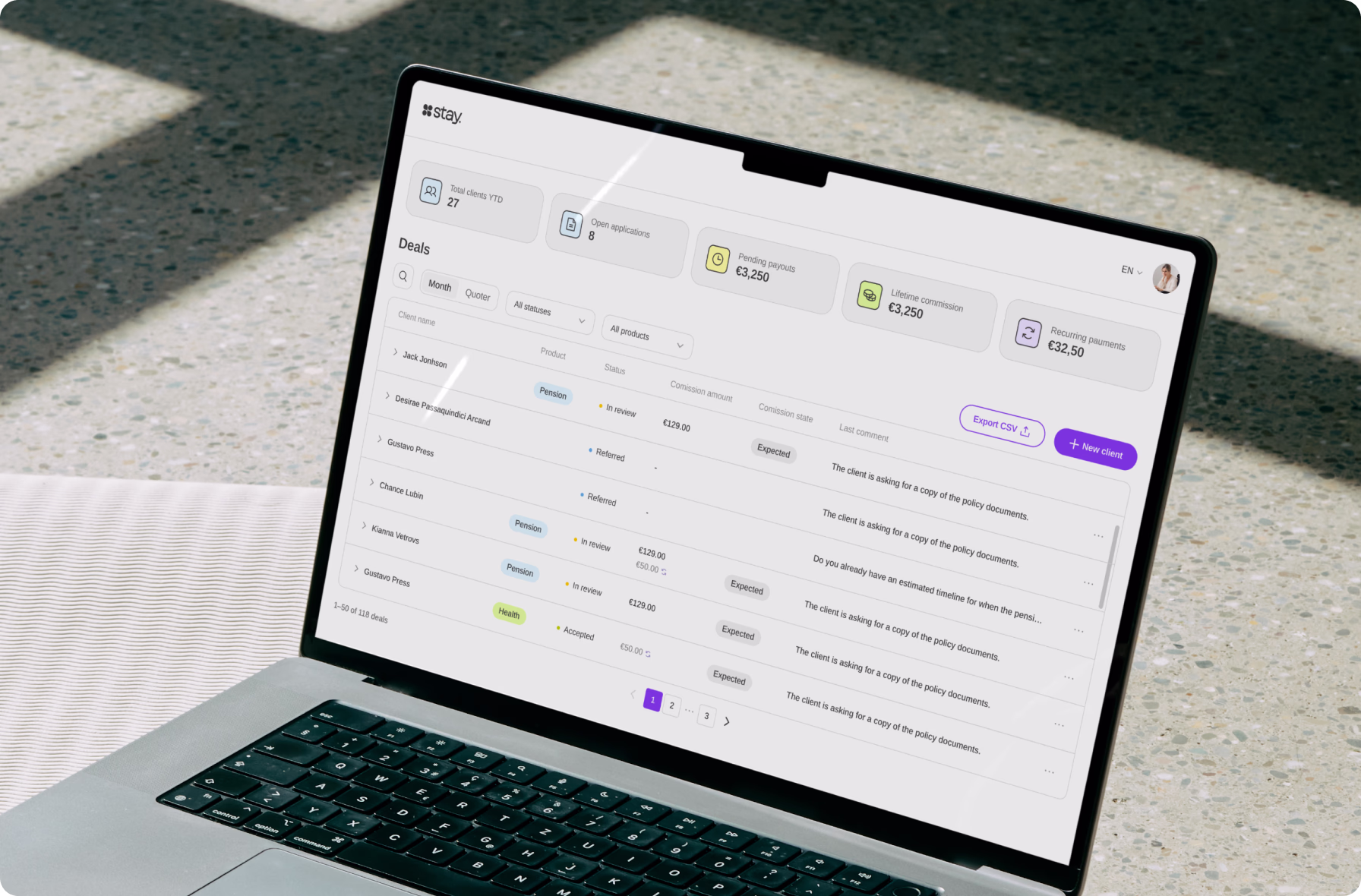 Responsive Stay partner portal with login, deal management, and client status screens