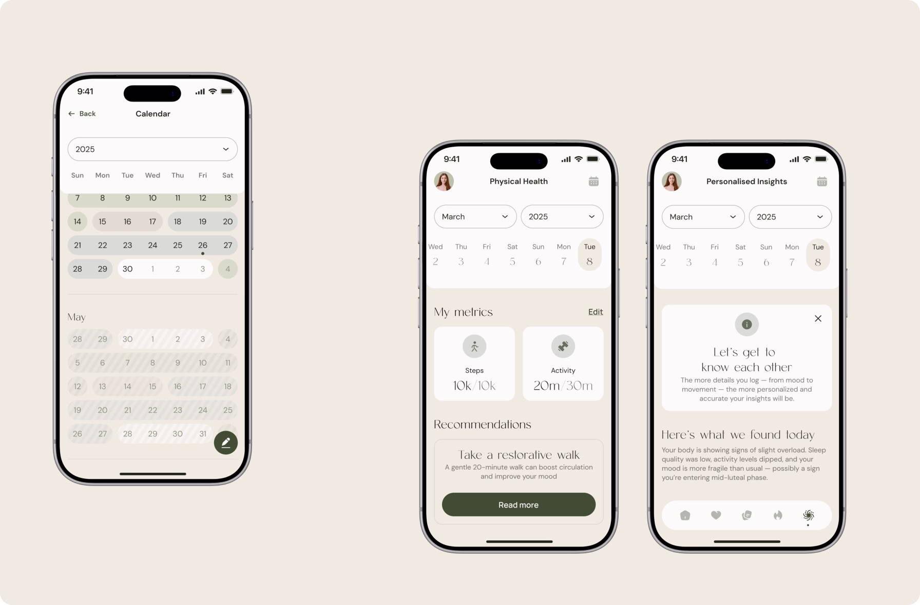 Ahlya mobile app screens for the cycle calendar, physical health metrics, and personalized insights