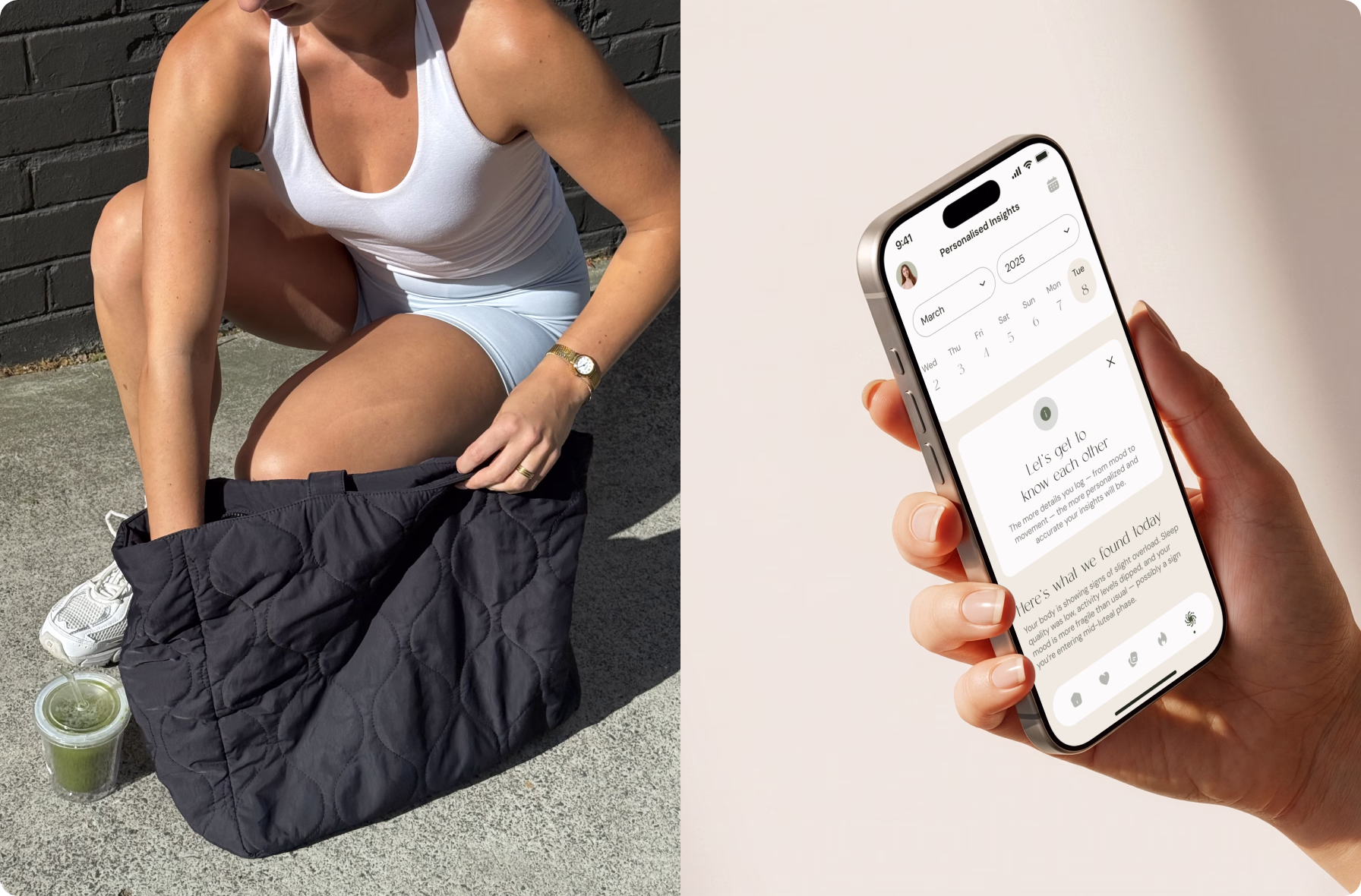 Ahlya personalized insights screen paired with an active lifestyle photograph
