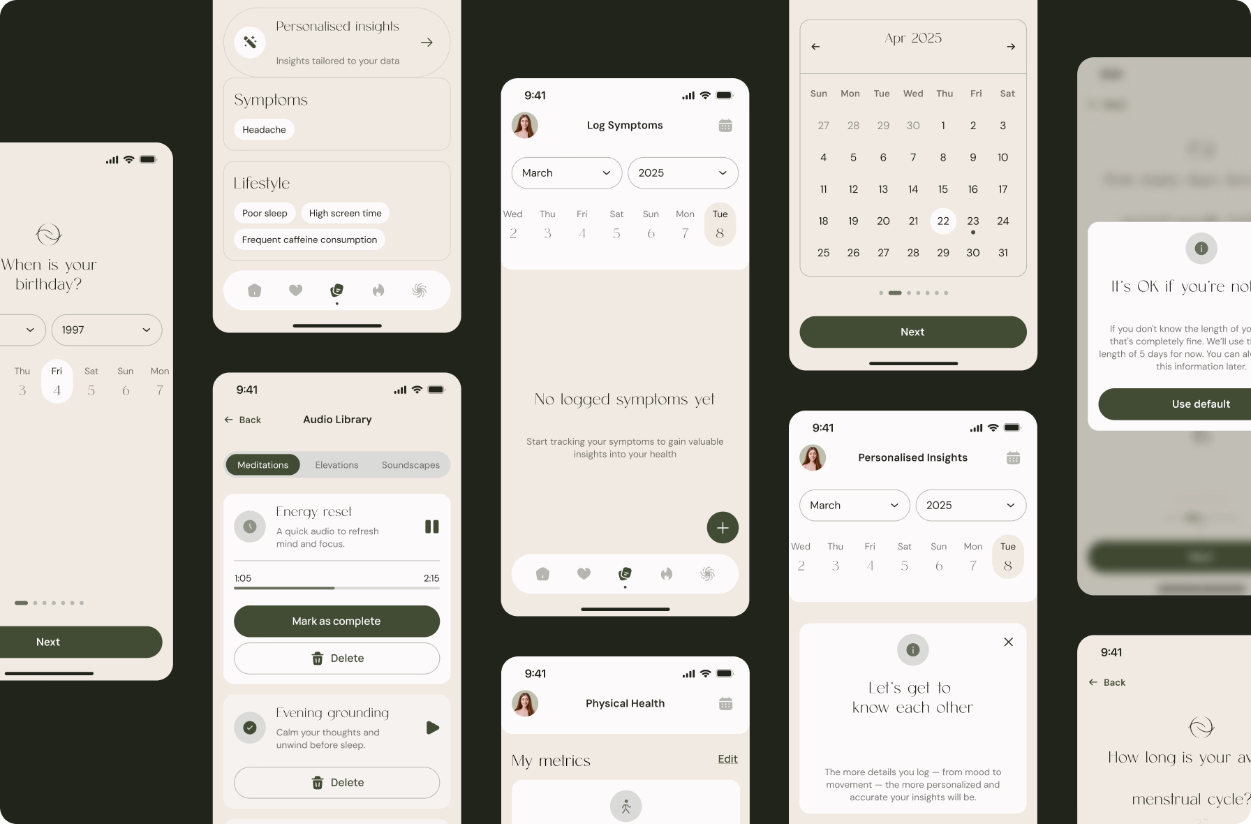 Ahlya mobile app interface collection with onboarding, symptom logging, audio, calendar, and insights screens