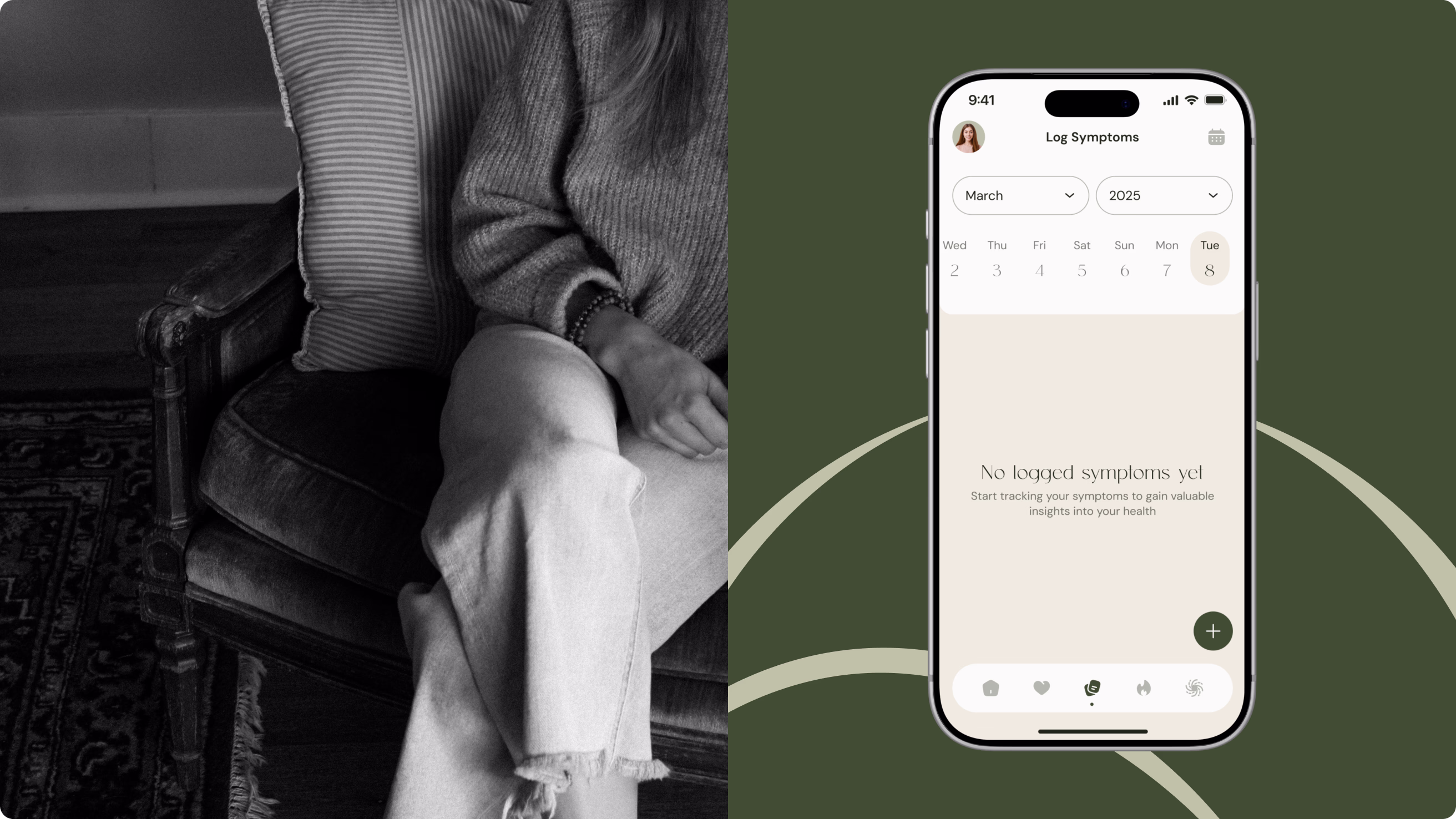 Ahlya symptom logging screen with an empty state beside a lifestyle photograph