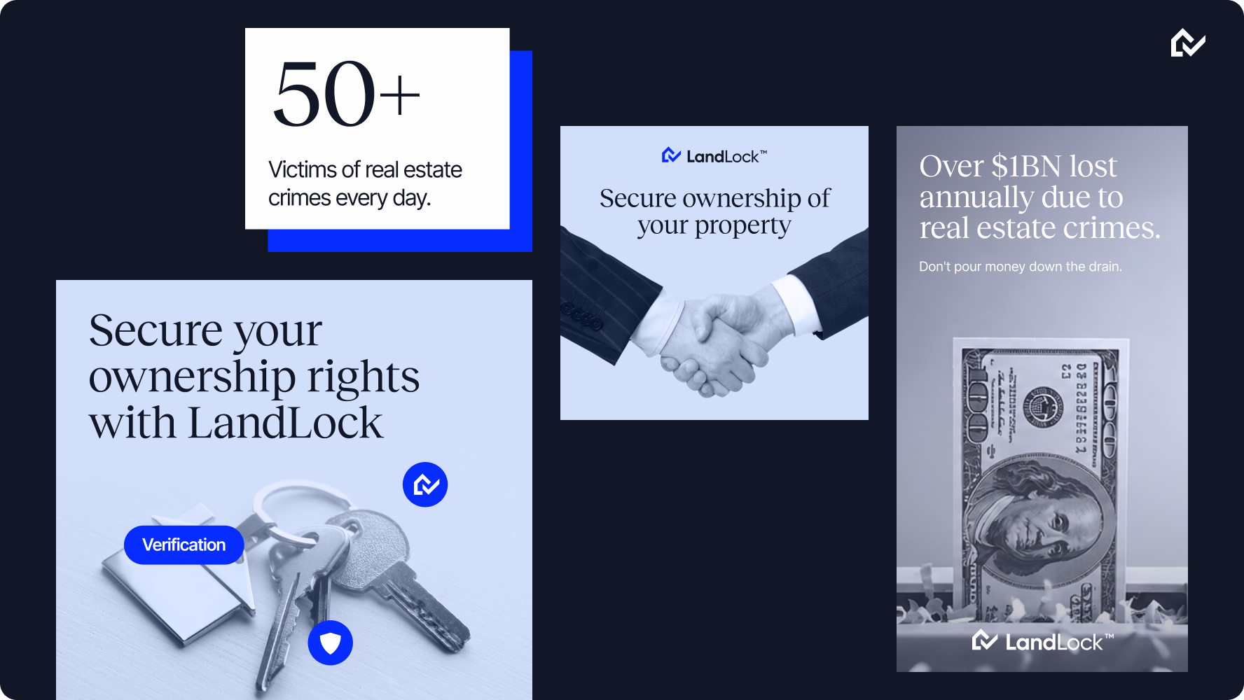 marketing visuals created for the LandLock real estate protection brand