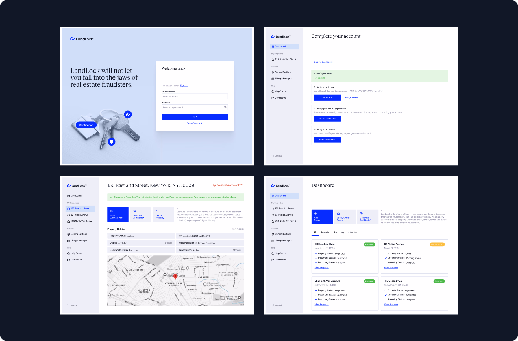 LandLock platform UI screens for login, account setup, property details, and dashboard management