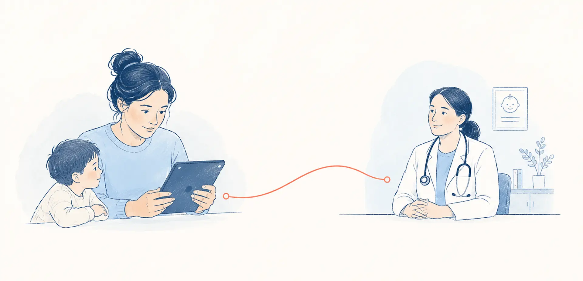 Parent holding a tablet during a pediatric telehealth visit, with a child beside them and a pediatrician on screen