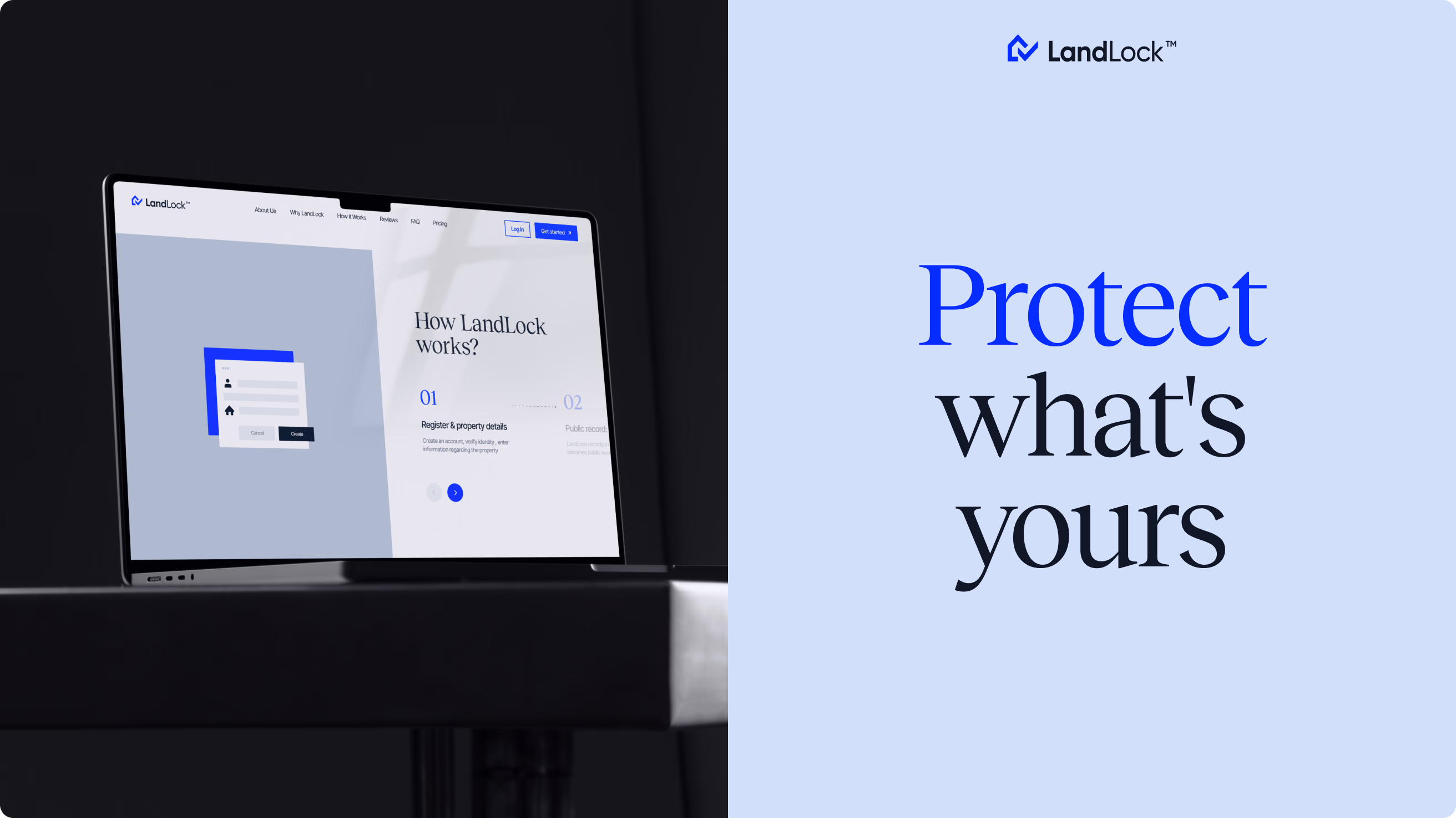 LandLock website displayed on a laptop alongside the protect what’s yours brand message