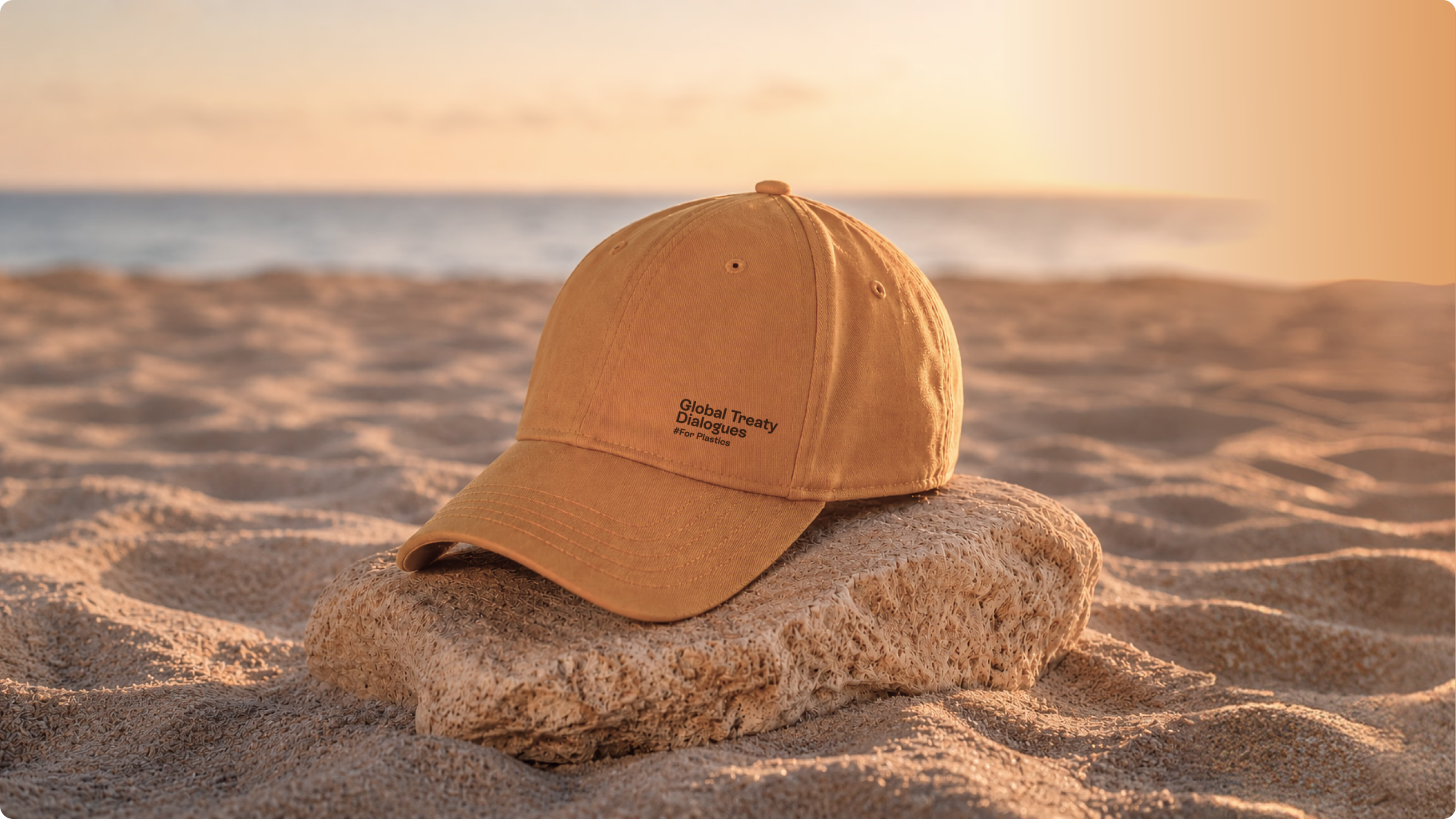 Global Treaty Dialogues for Plastics branded cap displayed on a beach at sunset