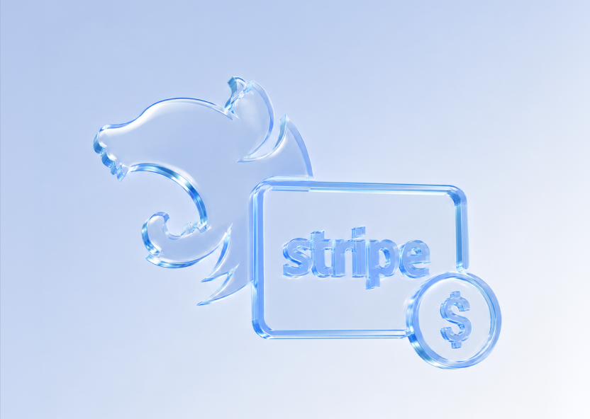 Glass-effect Stripe payment card with a dollar coin beside the Halo Lab wolf mark