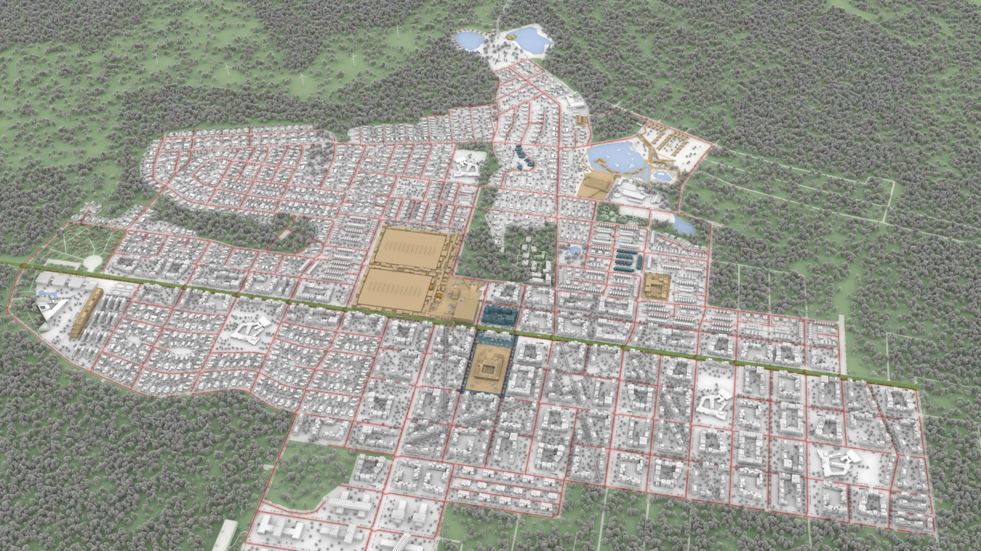 An aerial view of a city with lots of trees.