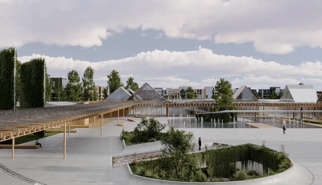 A rendering of a park with a pond and a bridge.