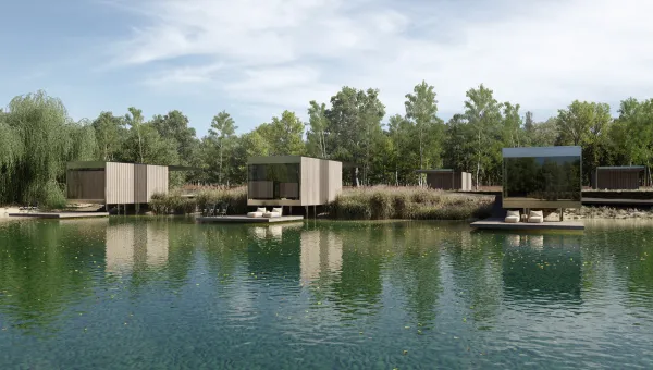 A rendering of a body of water surrounded by trees.