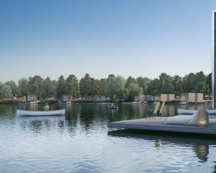 A computer generated image of a lake with a dock and boats.