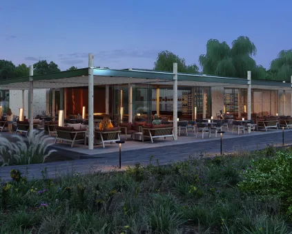 A rendering of a restaurant in the evening.