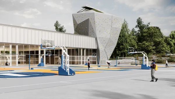 An artist's rendering of a basketball court in front of a building.