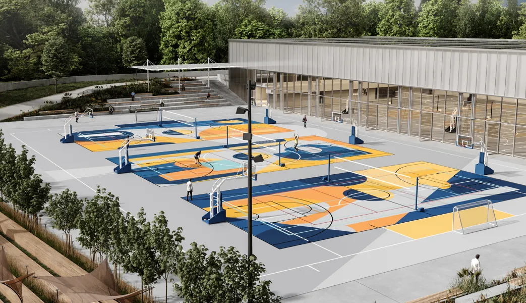 An artist's rendering of a basketball court in a building.
