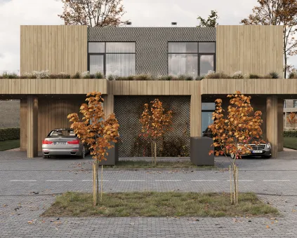 Two cars are parked in front of a house.