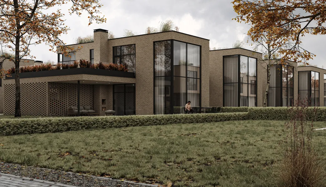A rendering of a house with a lot of windows.