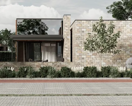 A rendering of a house with a car parked in front of it.