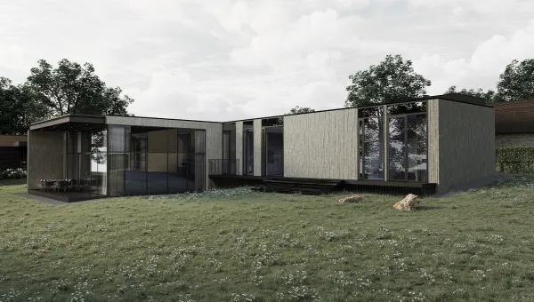 A rendering of a house in the middle of a field.