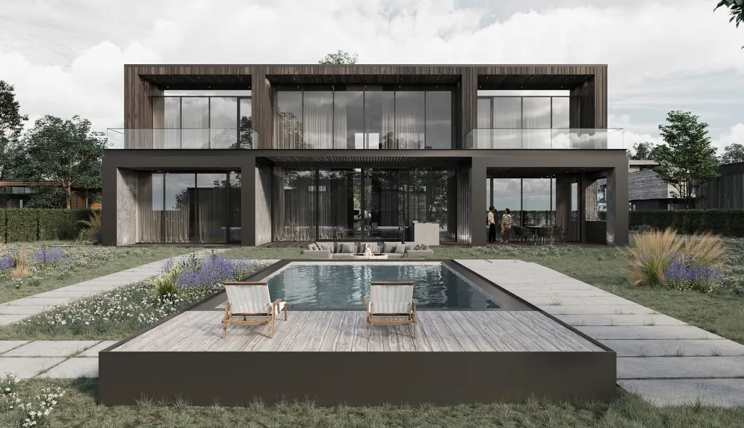 A large house with a pool in front of it.