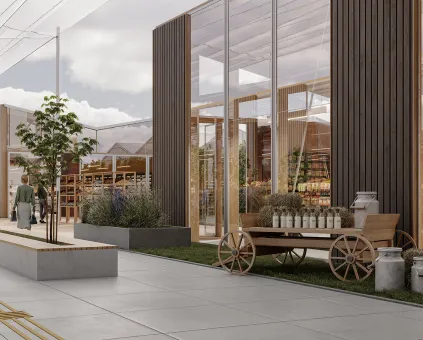 A rendering of a building with a garden in front of it.