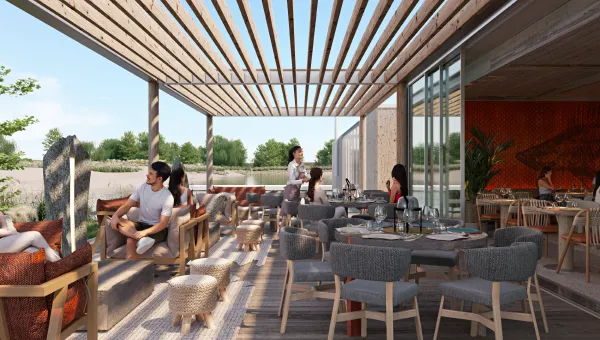 A rendering of a restaurant with people sitting at tables.