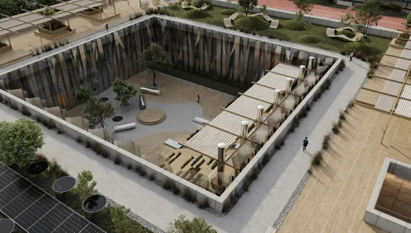 An aerial view of a building with a courtyard.