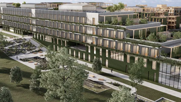 An artist's rendering of a building with a green roof.