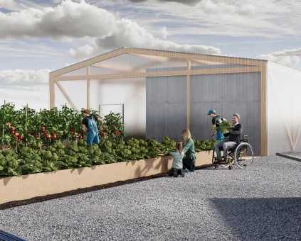 A group of people standing around a garden.