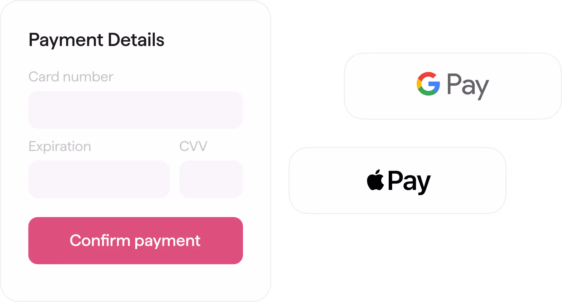 A simplified ui showing a credit card form and Apple Pay and Google Pay buttons floating next to it