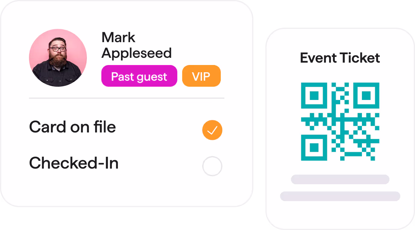 Two UI elements showing a event attendee card with their status, and two checkboxes to check if their card is on file and if they have checked-in on the event, plus a card showing a ticket with a QR code for fast check in