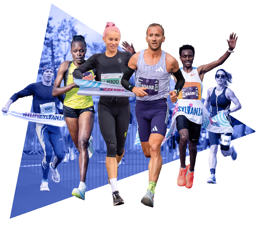 Three athletes running in a race, two men and one woman, dressed in athletic gear with race bibs.
