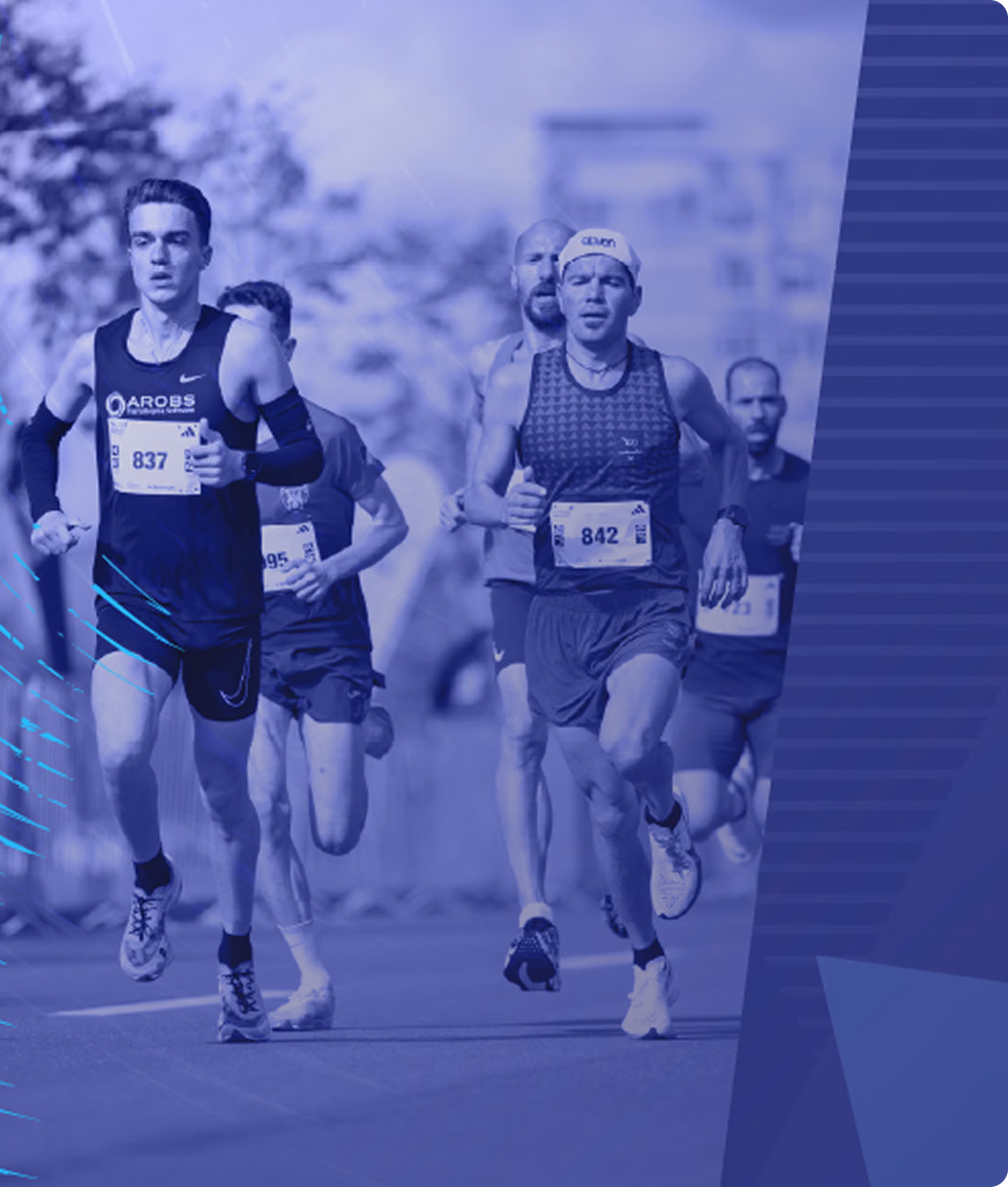 Group of runners participating in an outdoor race wearing bib numbers and athletic gear.
