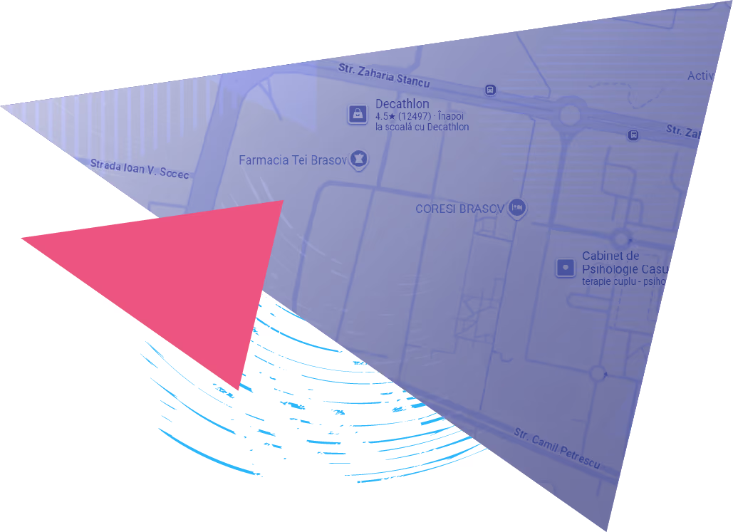 Map of Brasov Running Festival Map overlaid with abstract blue and green triangular shapes and lines.