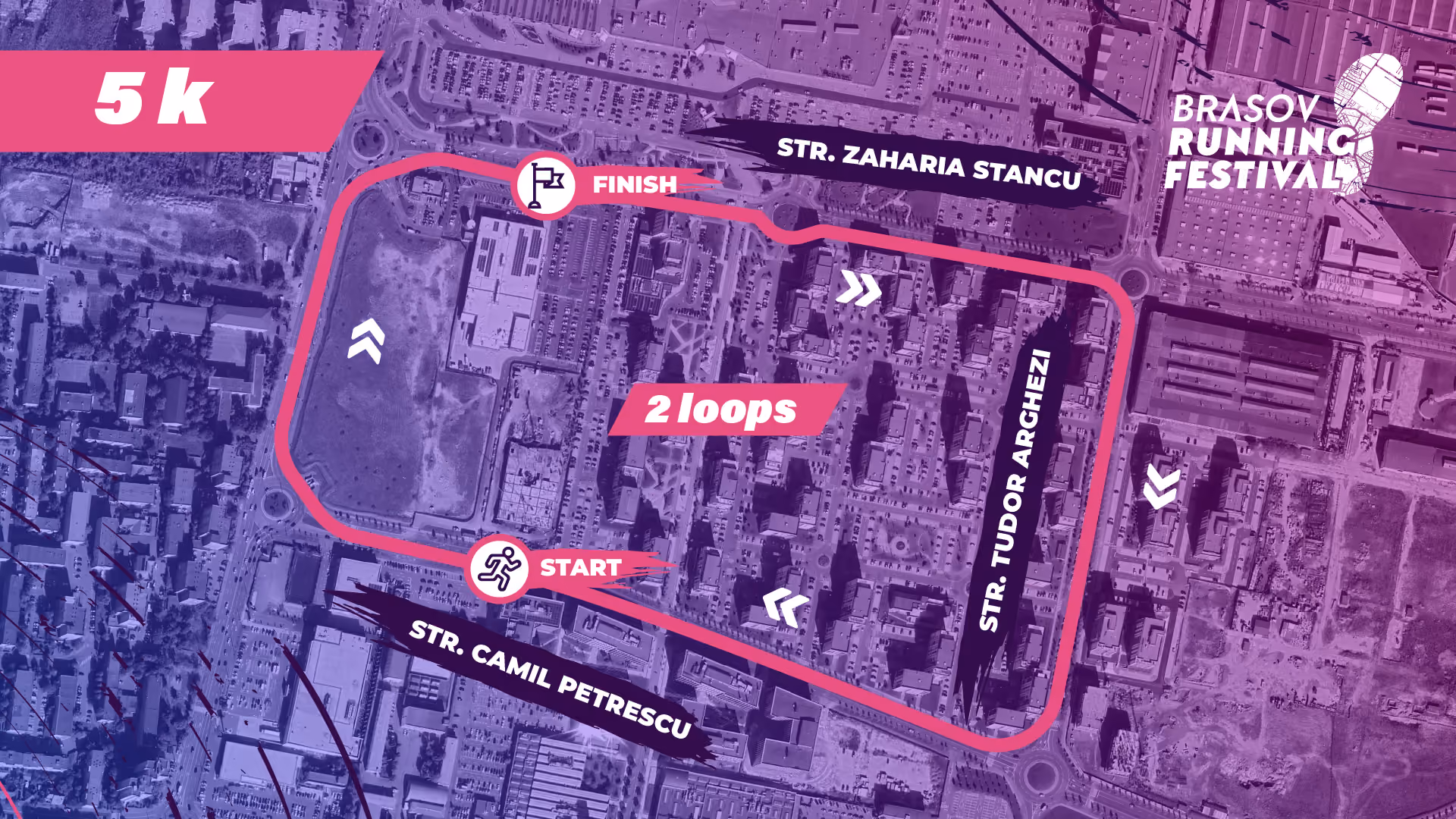Brașov Running Festival 5K course map. The route starts on Strada Camil Petrescu, follows a two-loop course via Strada Tudor Arghezi and Strada Zaharia Stancu, and finishes on Zaharia Stancu.