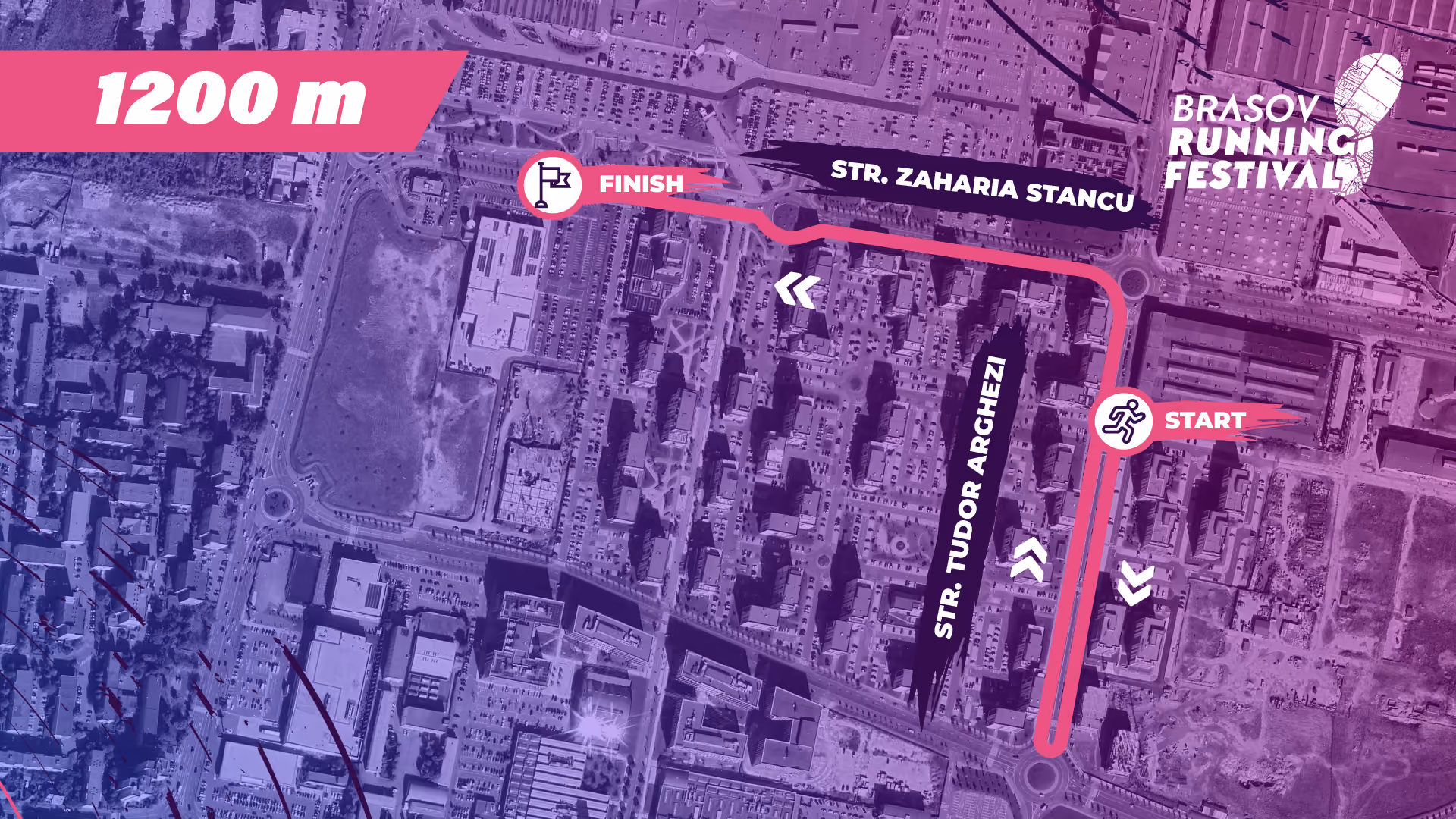 Brașov Running Festival 1,200-metre course map. The route starts on the eastern side of the course, follows Strada Tudor Arghezi and Strada Zaharia Stancu, and finishes on Zaharia Stancu.