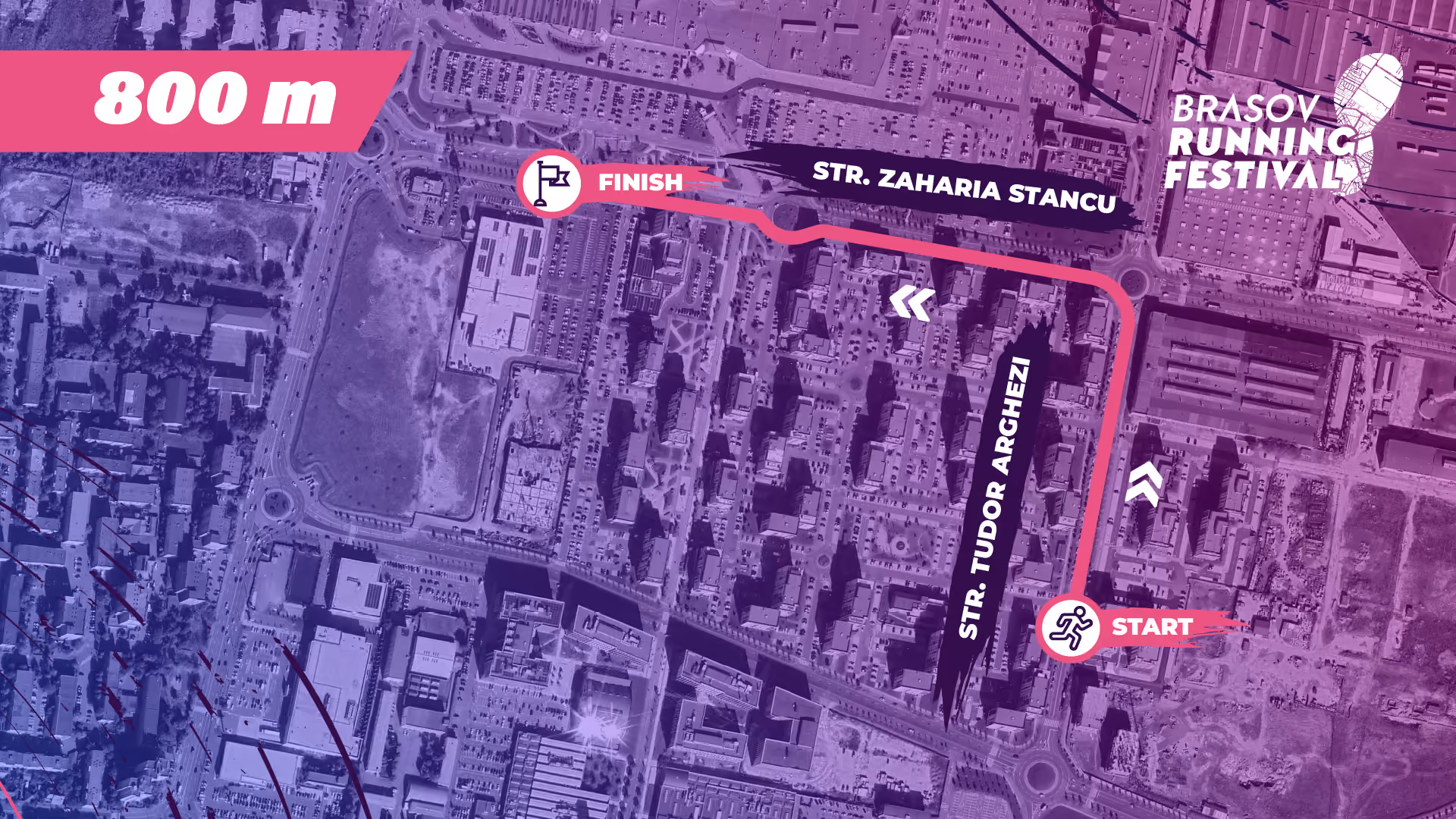 Brașov Running Festival 800-metre course map. The route starts near Strada Tudor Arghezi, heads north and then west along Strada Zaharia Stancu to the finish.