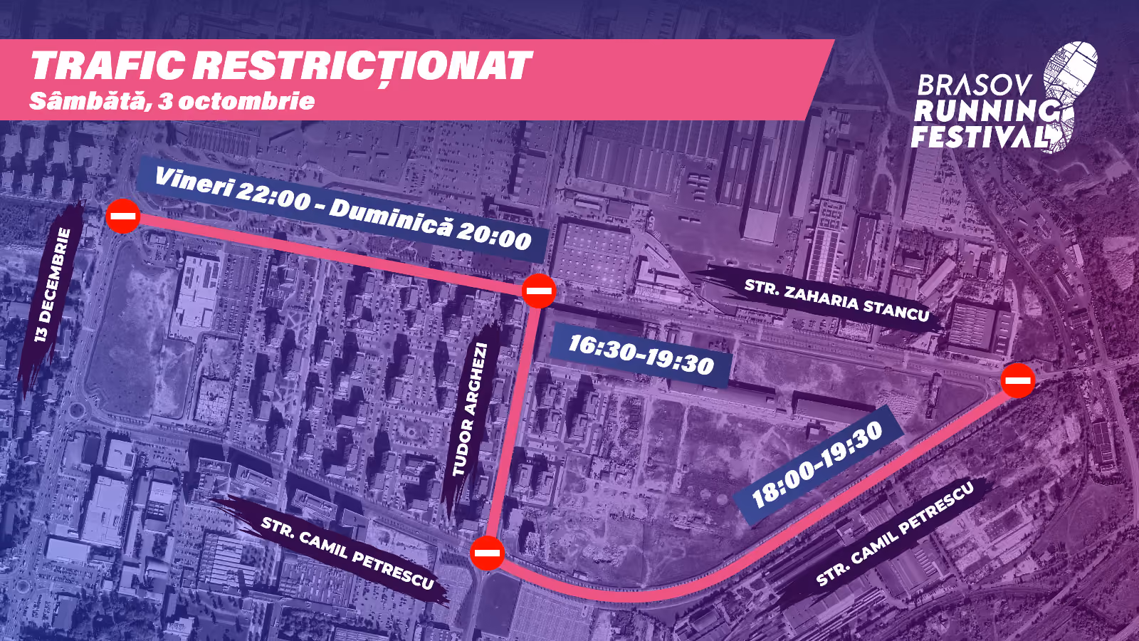 Hartă cu restricții de trafic pentru Brașov Running Festival, sâmbătă, 3 octombrie, în zona Coresi. Sunt marcate cu roz tronsoane închise pe străzile 13 Decembrie, Tudor Arghezi și Camil Petrescu. Restricțiile sunt semnalizate pentru intervalele vineri 22:00–duminică 20:00, 16:30–19:30 și 18:00–19:30.