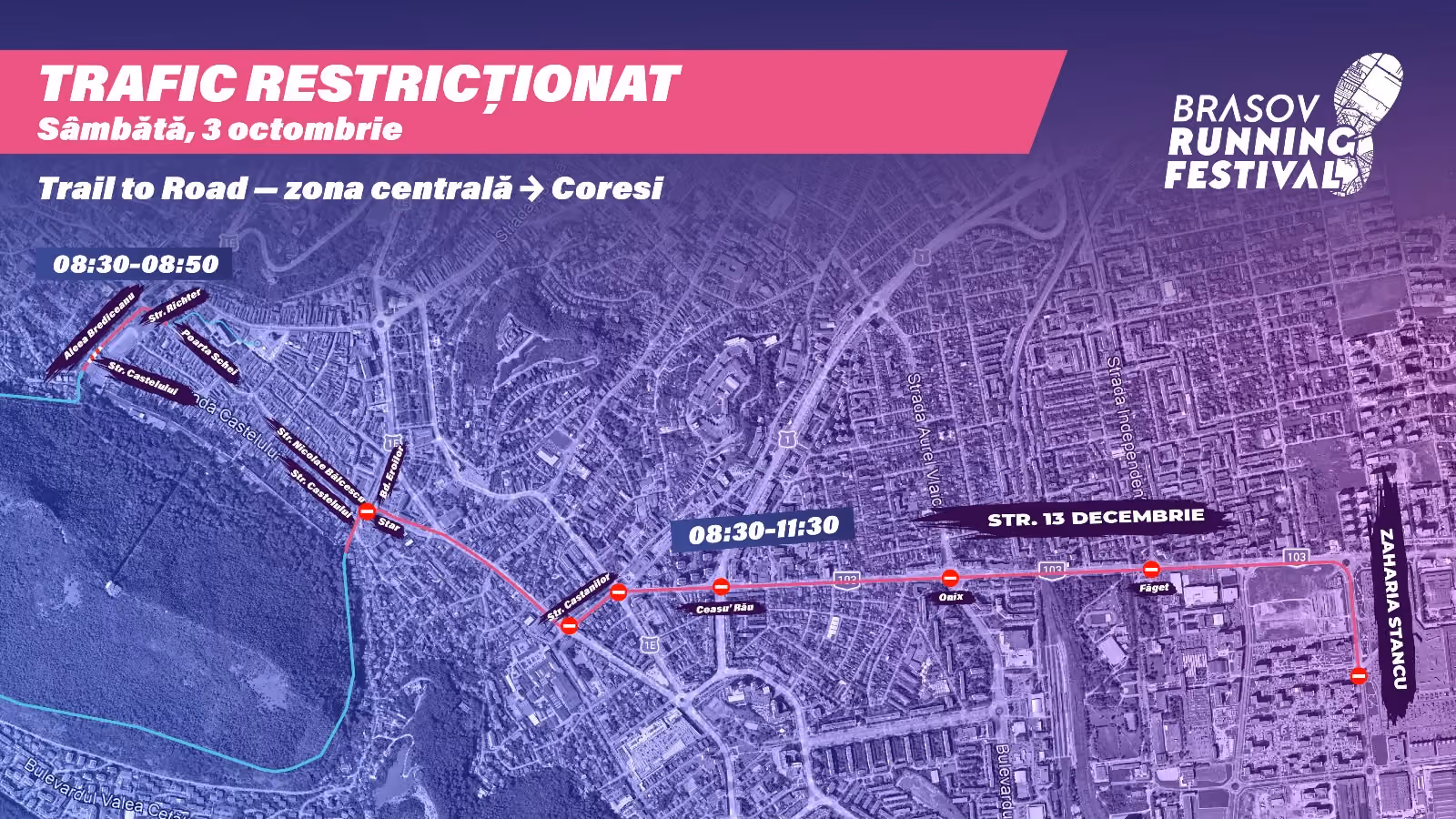 Hartă cu restricții de trafic pentru Brașov Running Festival, sâmbătă, 3 octombrie, pe traseul Trail to Road din zona centrală spre Coresi. Restricții între 08:30–08:50 în zona centrală, pe traseul care include Aleea Brediceanu, Poarta Schei, Strada Castelului și străzi adiacente, apoi între 08:30–11:30 spre Strada 13 Decembrie și Zaharia Stancu.