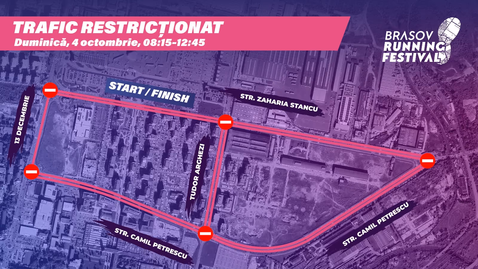 Hartă cu restricții de trafic în zona Start/Finish a Brașov Running Festival. Strada Zaharia Stancu este închisă pe tronsonul dintre Strada 13 Decembrie și Tudor Arghezi, de vineri, 2 octombrie, ora 22:00, până duminică, 4 octombrie, ora 20:00.