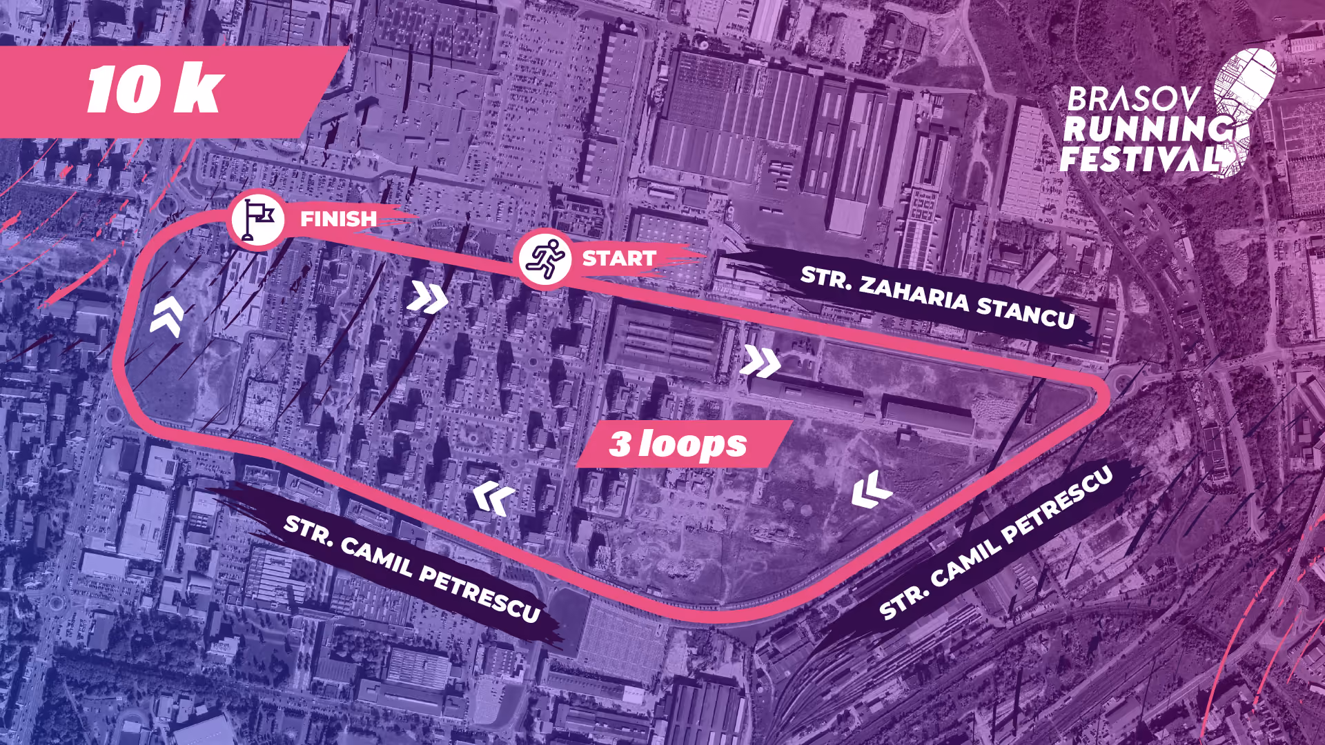 Brașov Running Festival 10K course map. The race follows three large loops along Strada Zaharia Stancu and Strada Camil Petrescu, with the start and finish on Zaharia Stancu.