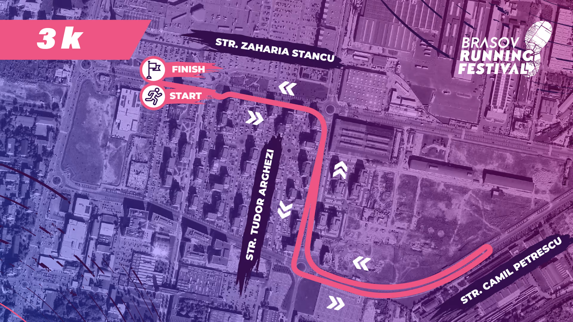 Brașov Running Festival 3K course map. The route starts and finishes on Strada Zaharia Stancu and forms a loop via Strada Tudor Arghezi and Strada Camil Petrescu.