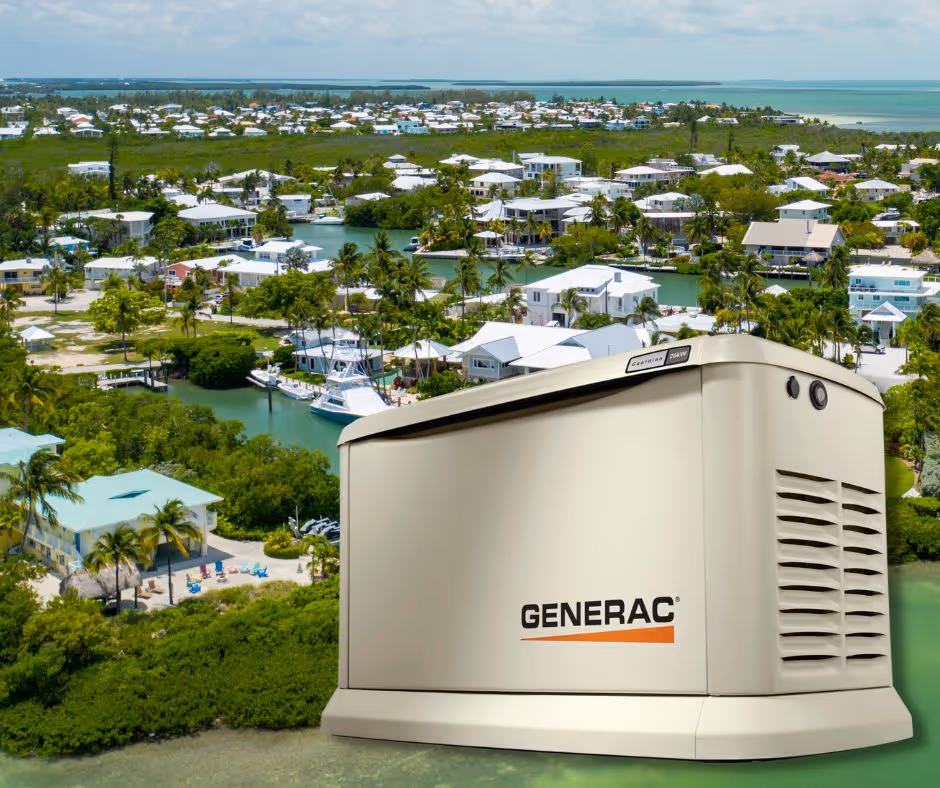 Image of an aerial view of a Florida Keys neighborhood with ocean in the background and an imposed image of a Generac generator to the front.