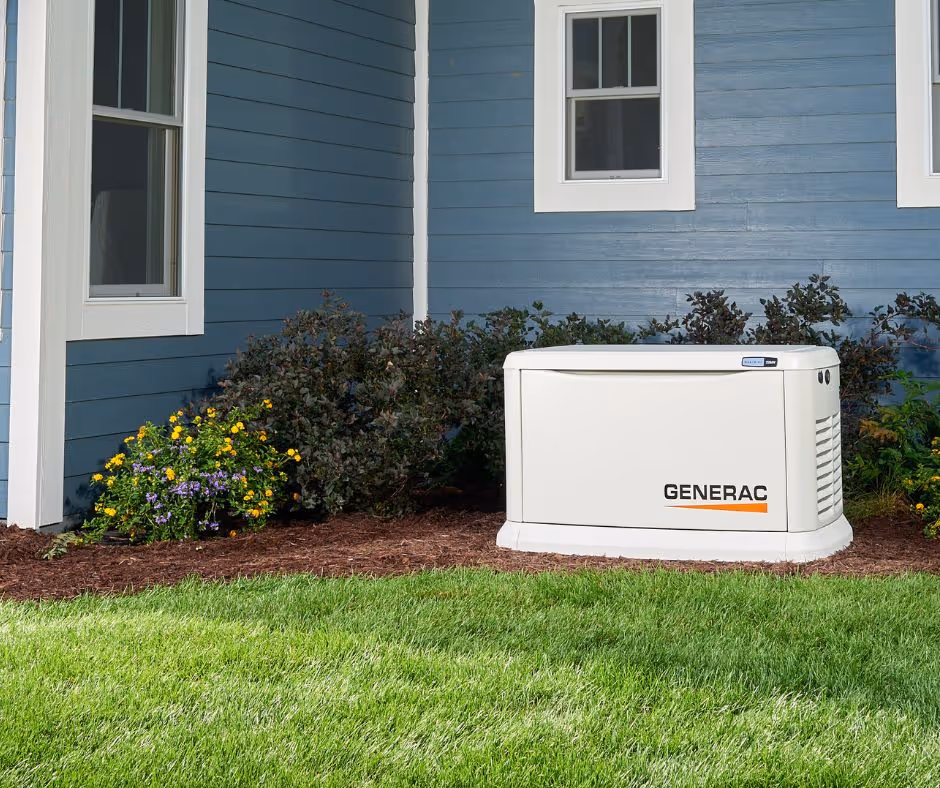 Image of a Generac generator on the side of a blue home.