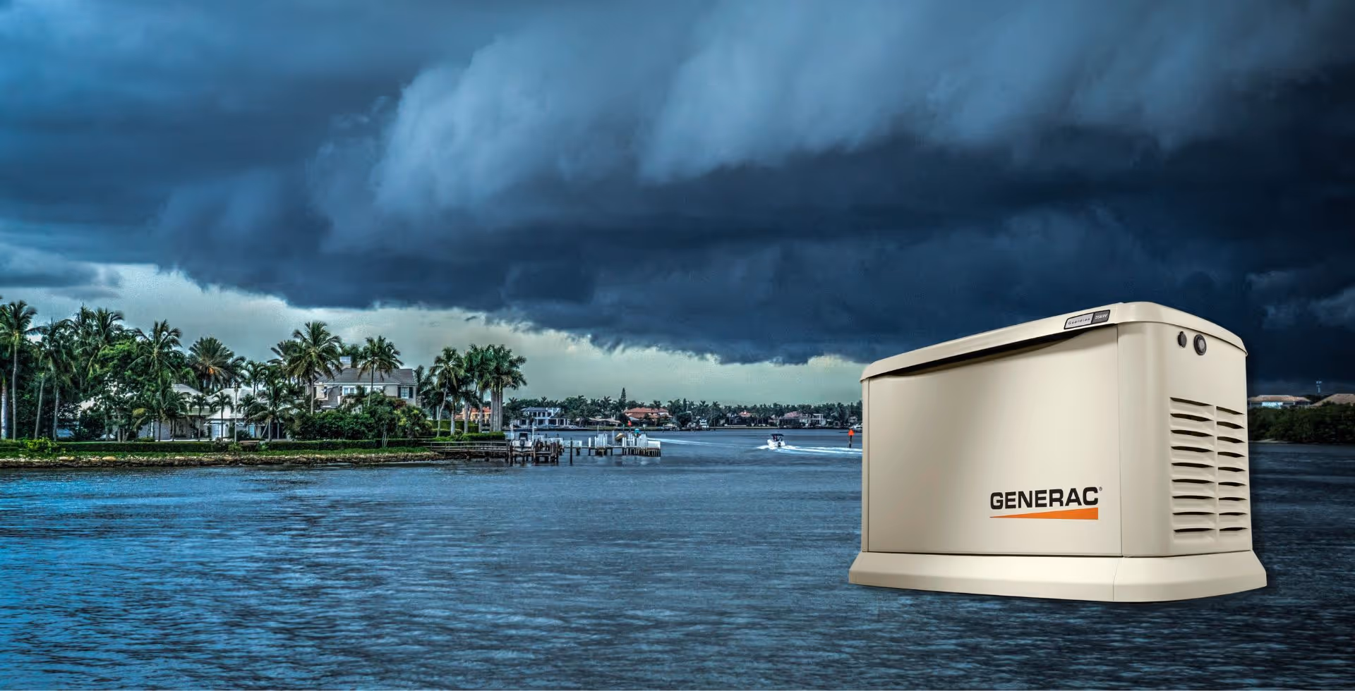 Image of a dark storm clouds over an island with an imposed image of a Generac generator to the front.