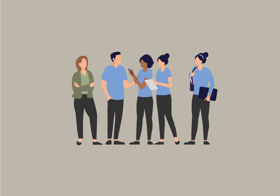En illustration av ett gäng personer med blå tröja och en person med grön tröja.