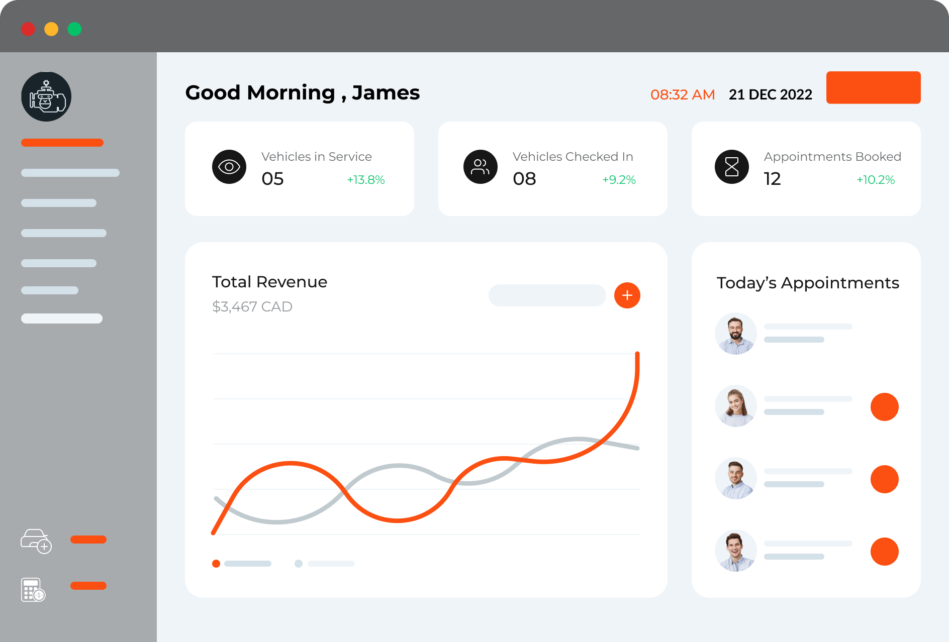 mechmonkey dashboard showing vehicles in service, appts booked and graph displaying revenue