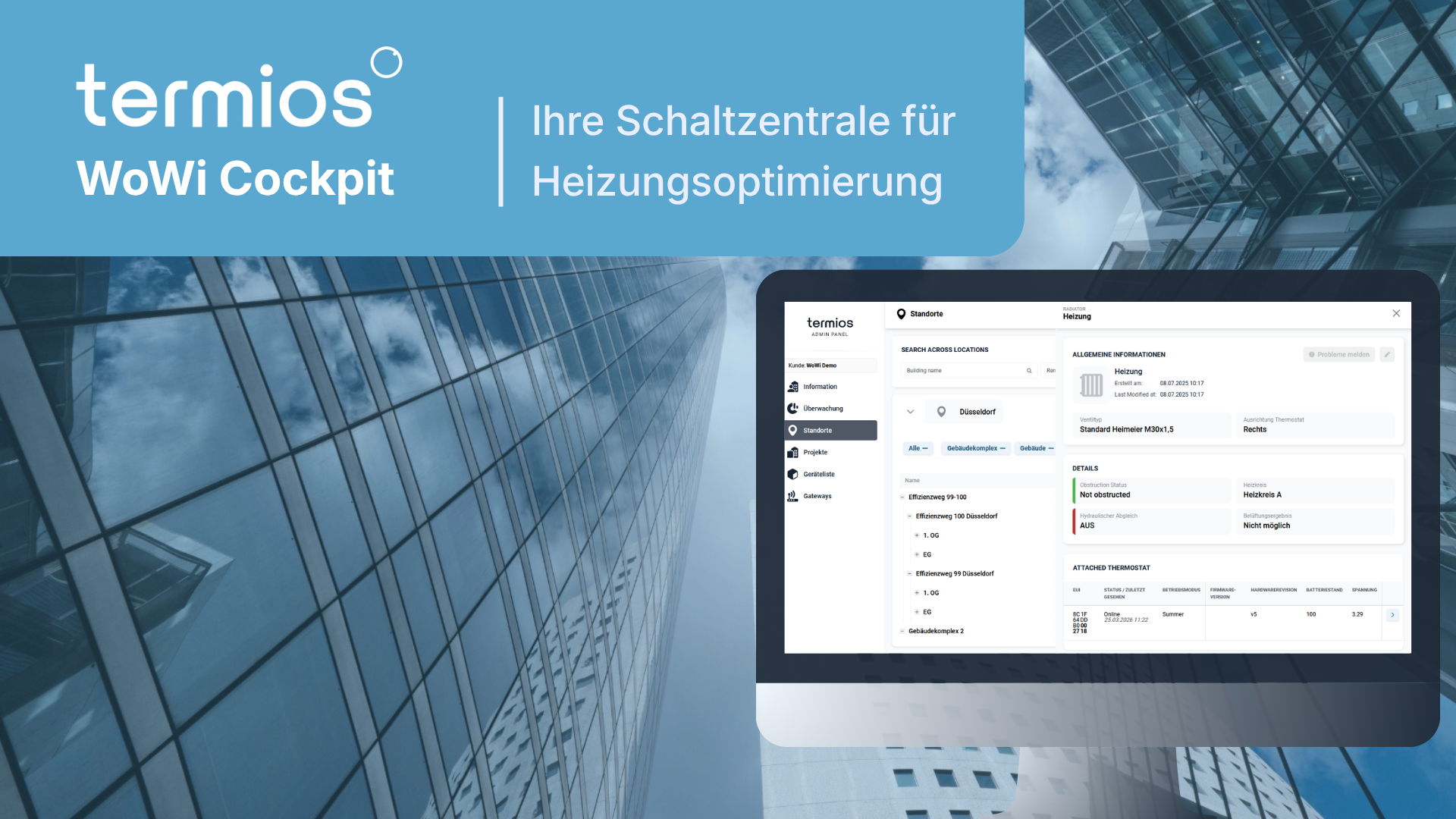 Mit dem neuen termios WoWi Cockpit erweitert termios die smarte Heizlösung termios Pro um eine zentrale Plattform für Steuerung, Monitoring und Dokumentation.